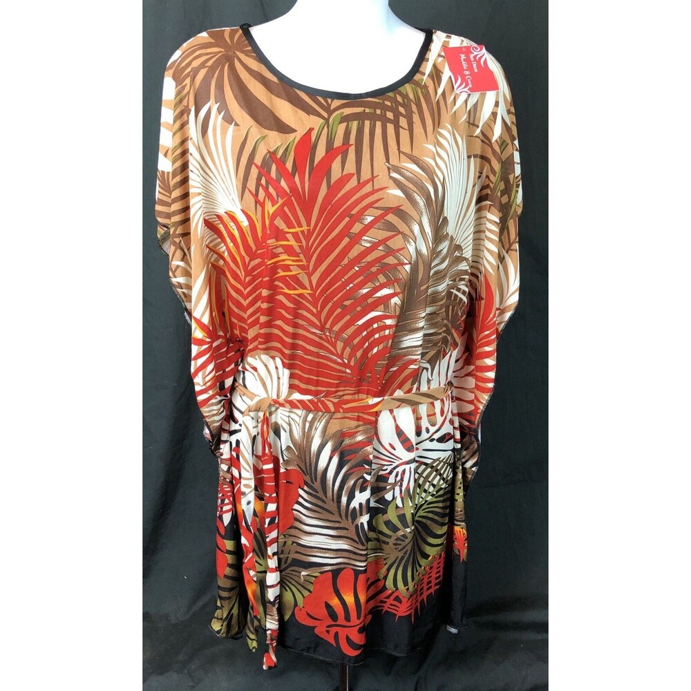 Nwt Sun Dress M Brown/red Tropical Floral Dolman Sleeves Tie Waist Coconut Girl